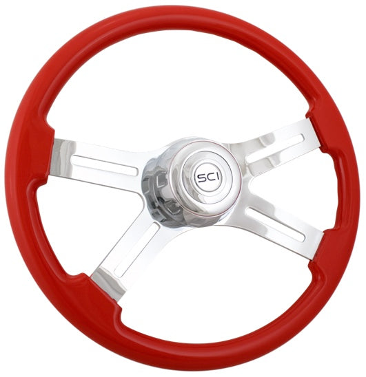 Classic "Viper" Red 18" Painted Wood Rim Chrome 4 Spoke - 562-3003-77502