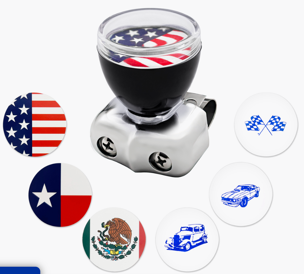 Vintage Steering Wheel Spinner With Clear Removable Top & Additional Flag Inserts - 70109