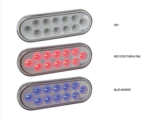 DUAL REVOLUTION RED STOP, TURN & TAIL TO BLUE AUXILIARY LED OVAL LIGHT - TLED-OXRB