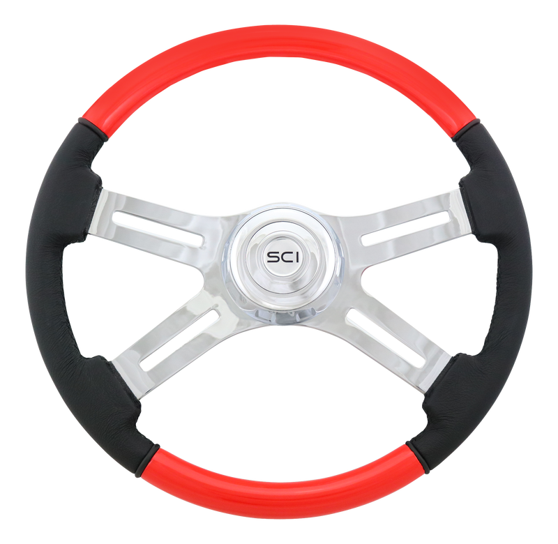 Classic Combo Viper Red 18" Painted Wood & Leather Rim Chrome 4 Spoke - 542-3003-77502