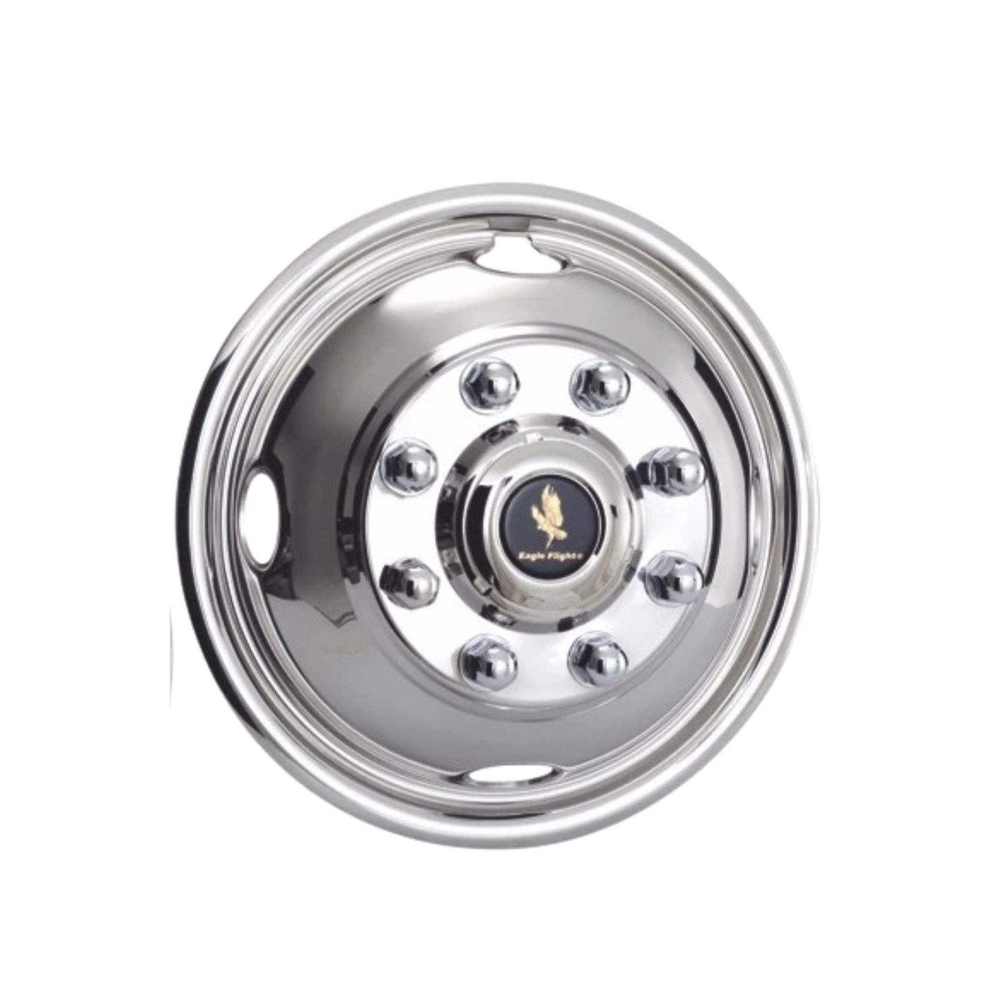 Polished stainless steel 17-inch wheel simulators set of 4 for Ford F-350 2005–2025, 8-lug 4-hand-hole bolt-on design