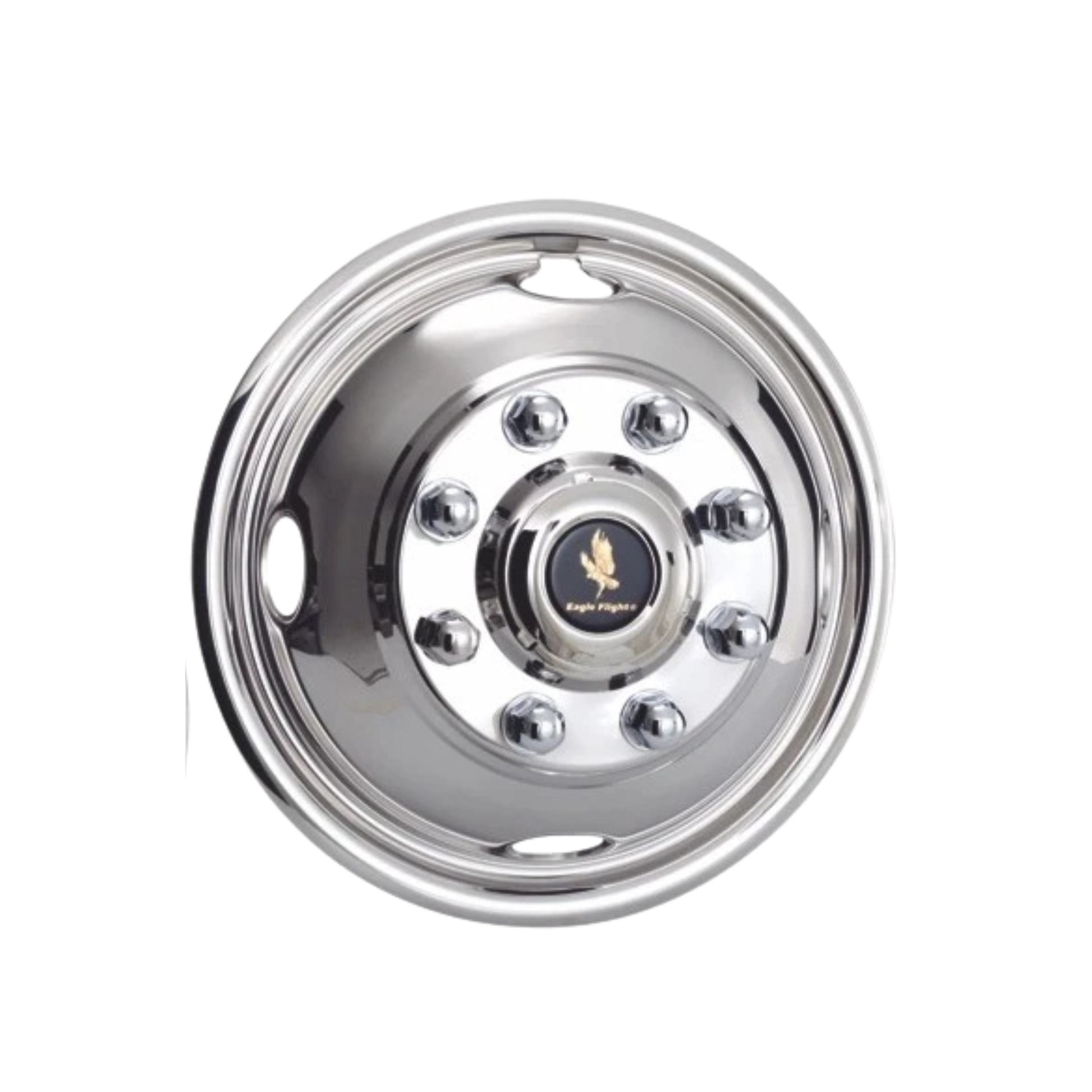 Polished stainless steel 17-inch wheel simulators set of 4 for Ford F-350 2005–2025, 8-lug 4-hand-hole bolt-on design