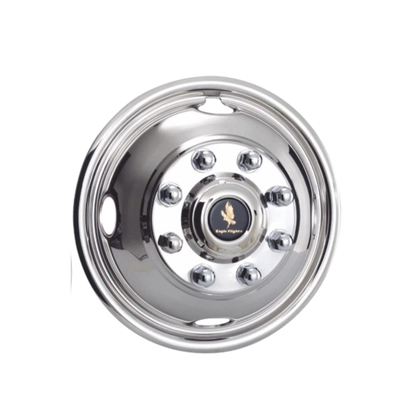 Polished stainless steel 17-inch wheel simulators set of 4 for Ford F-350 2005–2025, 8-lug 4-hand-hole bolt-on design