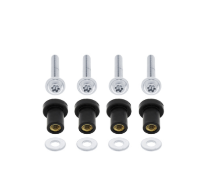 Chrome grille screw set for 2005+ Freightliner Century with 4 screws, locking nuts, and washers