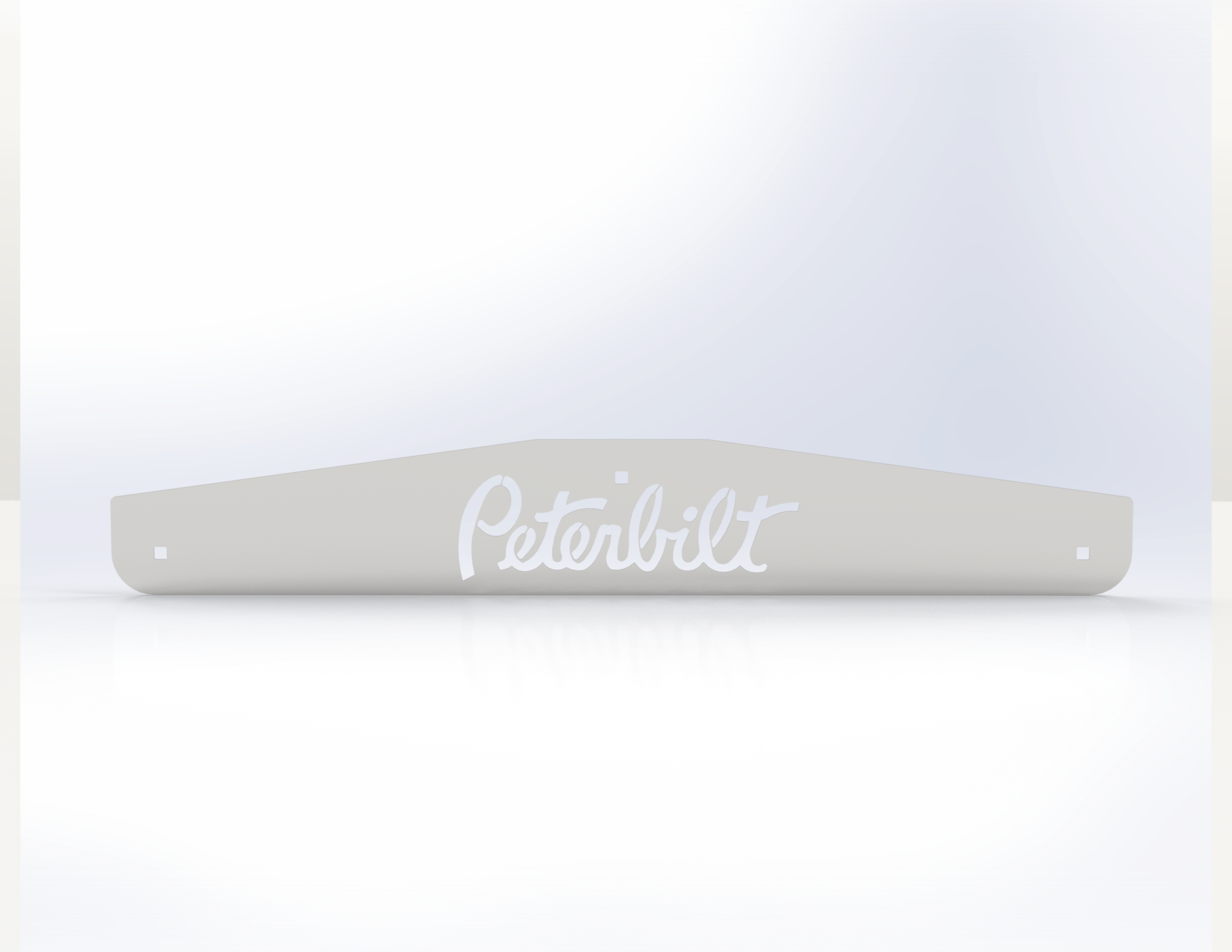 24x3.6 inch Peterbilt logo stainless steel mud flap weights pair with tapered ends, includes back plate and hardware.