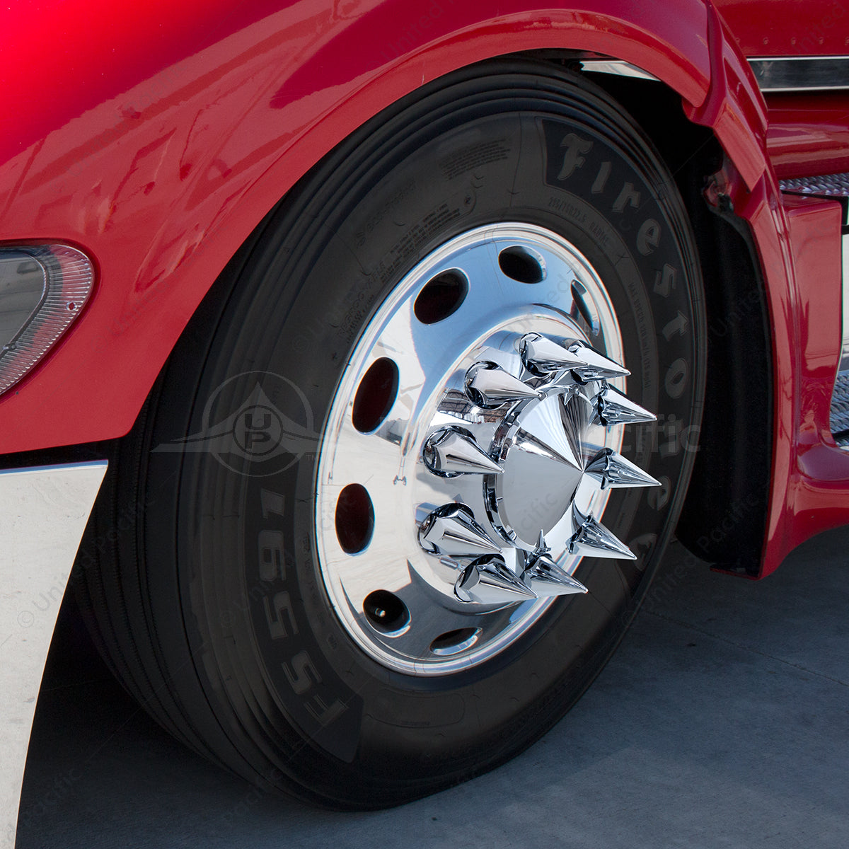 33mm x 4-3/4 inch Chrome Super Spike Nut Covers, thread-on, 10-pack, high-quality triple chrome plating, fits standard hub piloted wheel nuts.