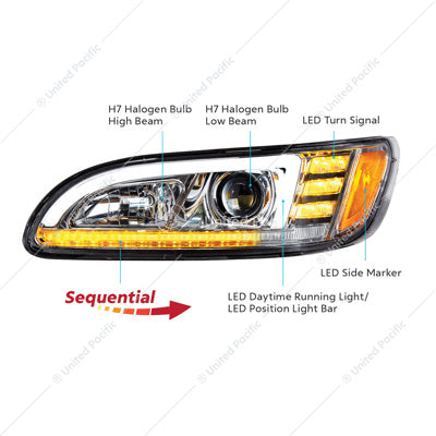 Chrome Projection Headlight With LED Sequential Turn & DRL For 2005-2015 Peterbilt 386 & 1999-2010 387 (Passenger)  -  35766