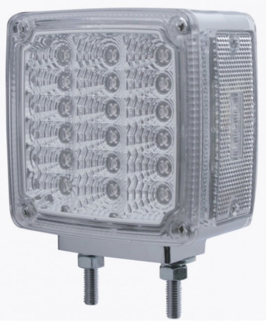 39 LED square reflector double face amber and red truck turn signal light with chrome housing and clear lens, driver side.