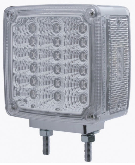 39 LED square reflector double face amber and red truck turn signal light with chrome housing and clear lens, passenger side.