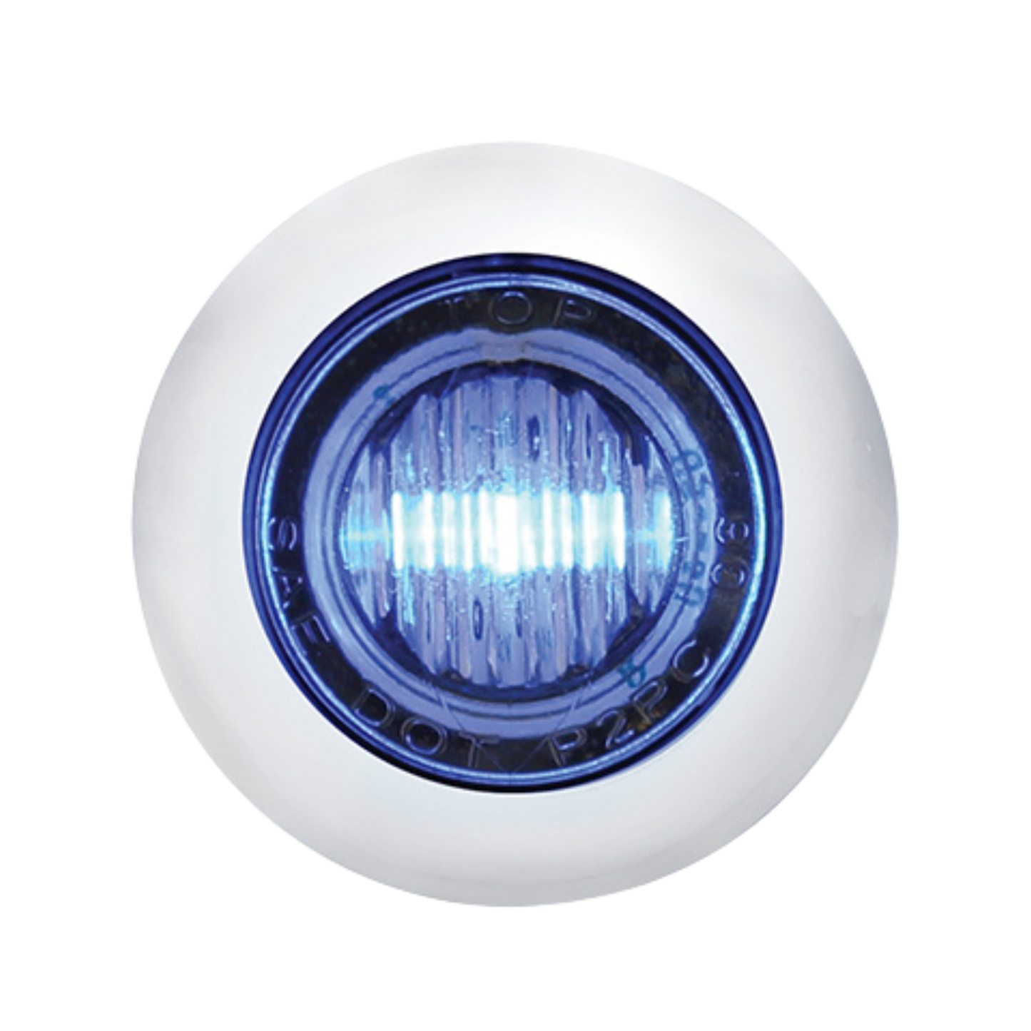 3 LED round blue clearance/marker light with clear lens and stainless steel bezel.