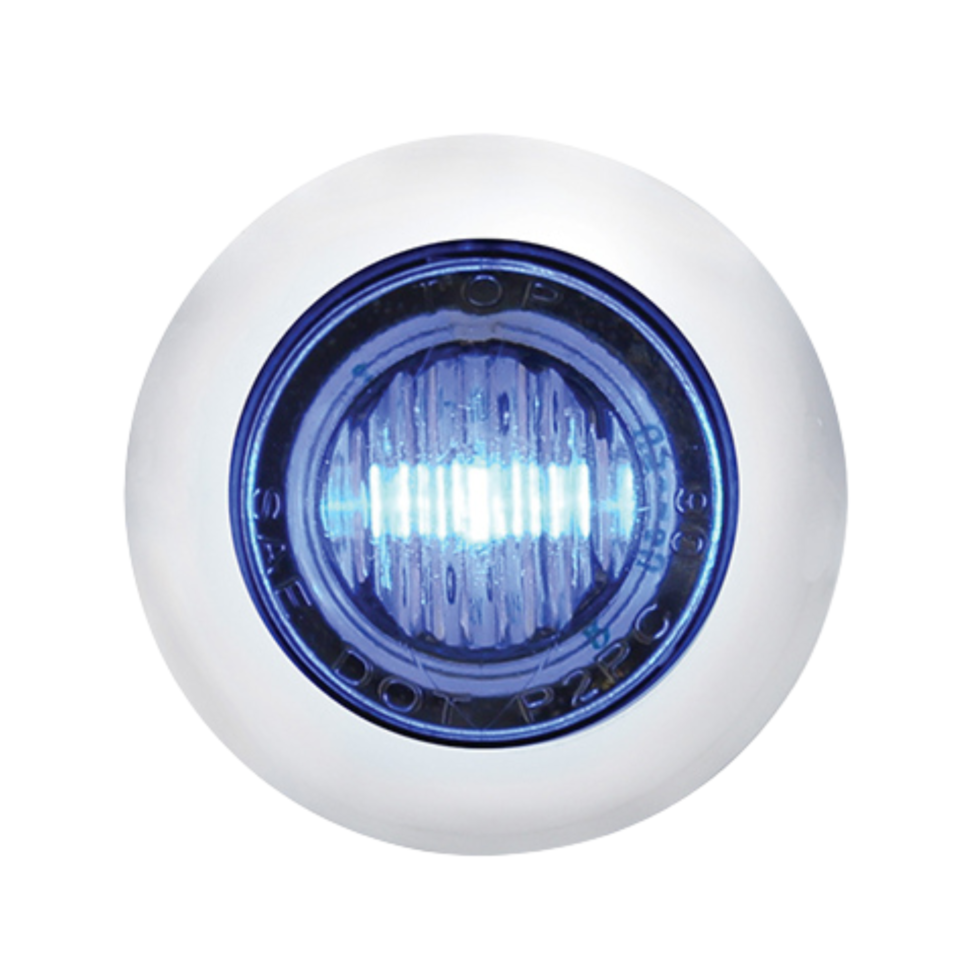 3 LED round blue clearance/marker light with clear lens and stainless steel bezel.