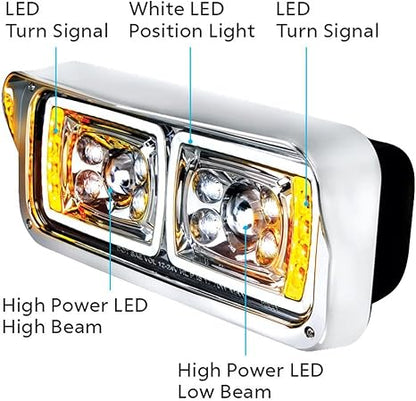 10 High Power LED Chrome Projection Headlight W/ LED Turn Signal & Position Light Bar Passenger Side - 35824