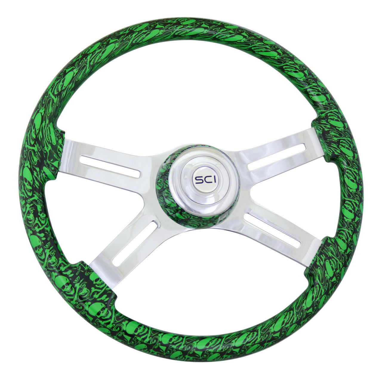 Skull Green 18" Printed Wood Rim Chrome 4 Spoke  -  537-3037-77502