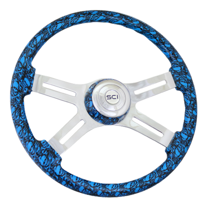 Skull Blue 18" Steering Wheel with Chromed 4 Spoke - 539-3039-77502
