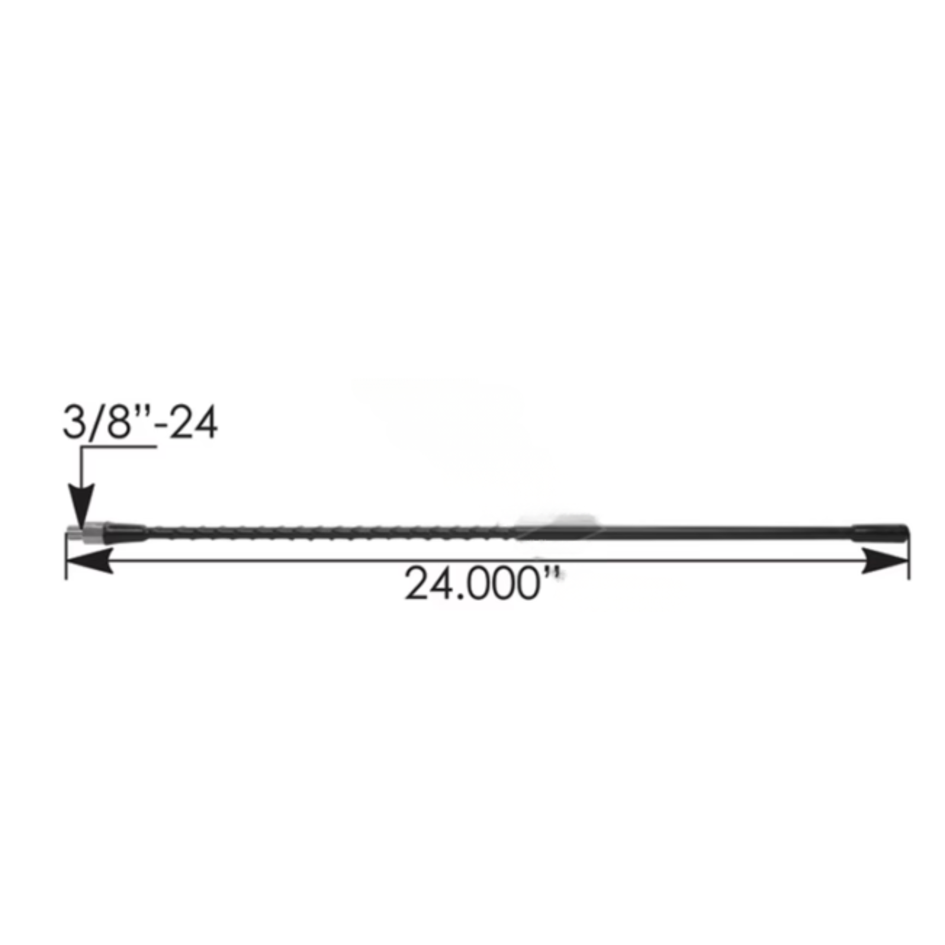 Black 24-inch CB antenna for semi-trucks with fiberglass mast and wide tuning range.