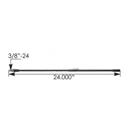 Black 24-inch CB antenna for semi-trucks with fiberglass mast and wide tuning range.