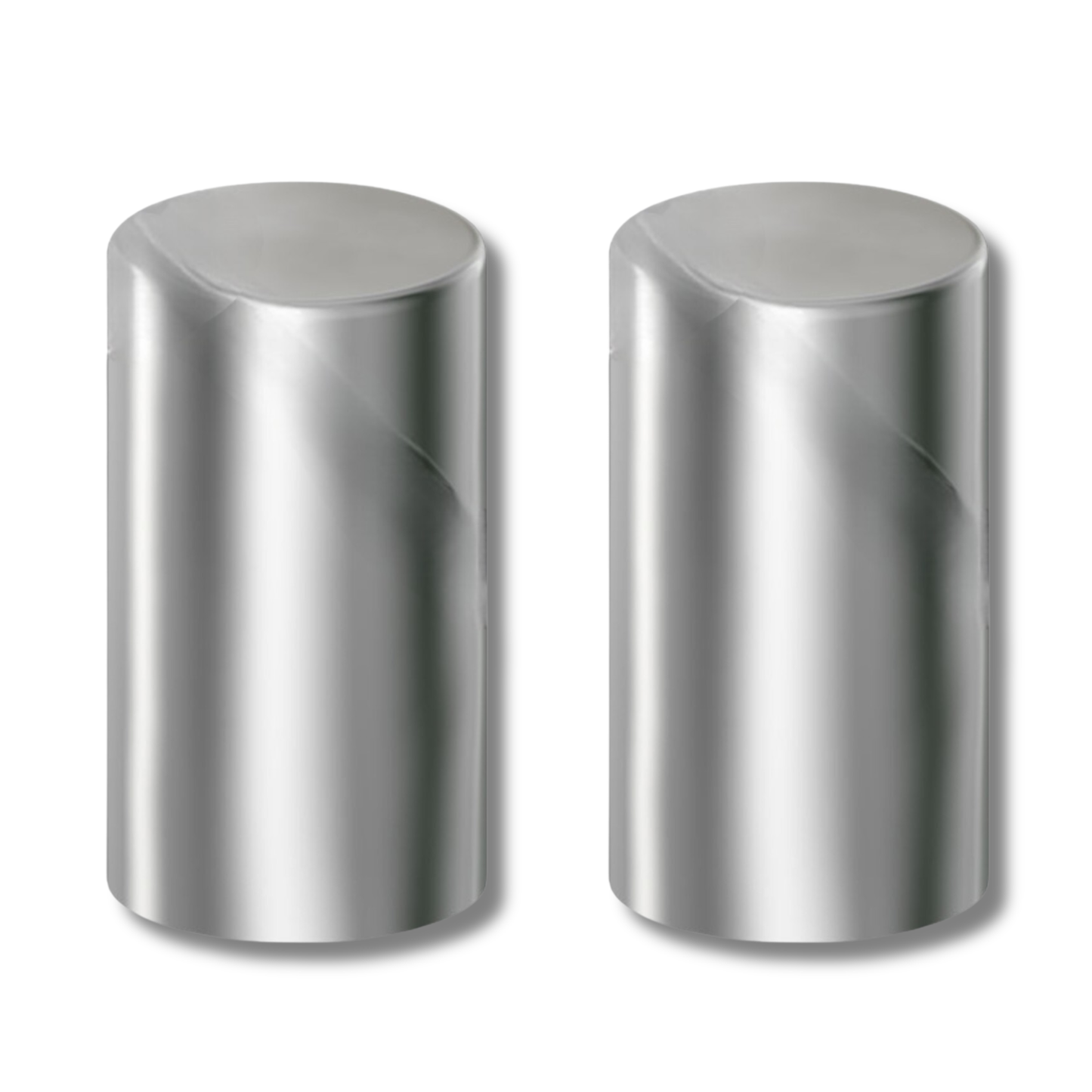 Chrome plastic thread-on lug nut covers M22x1.5, cylinder shape 33mm x 3-1/2in, 20-piece box for semi-truck wheels, protects lug nuts and enhances appearance.