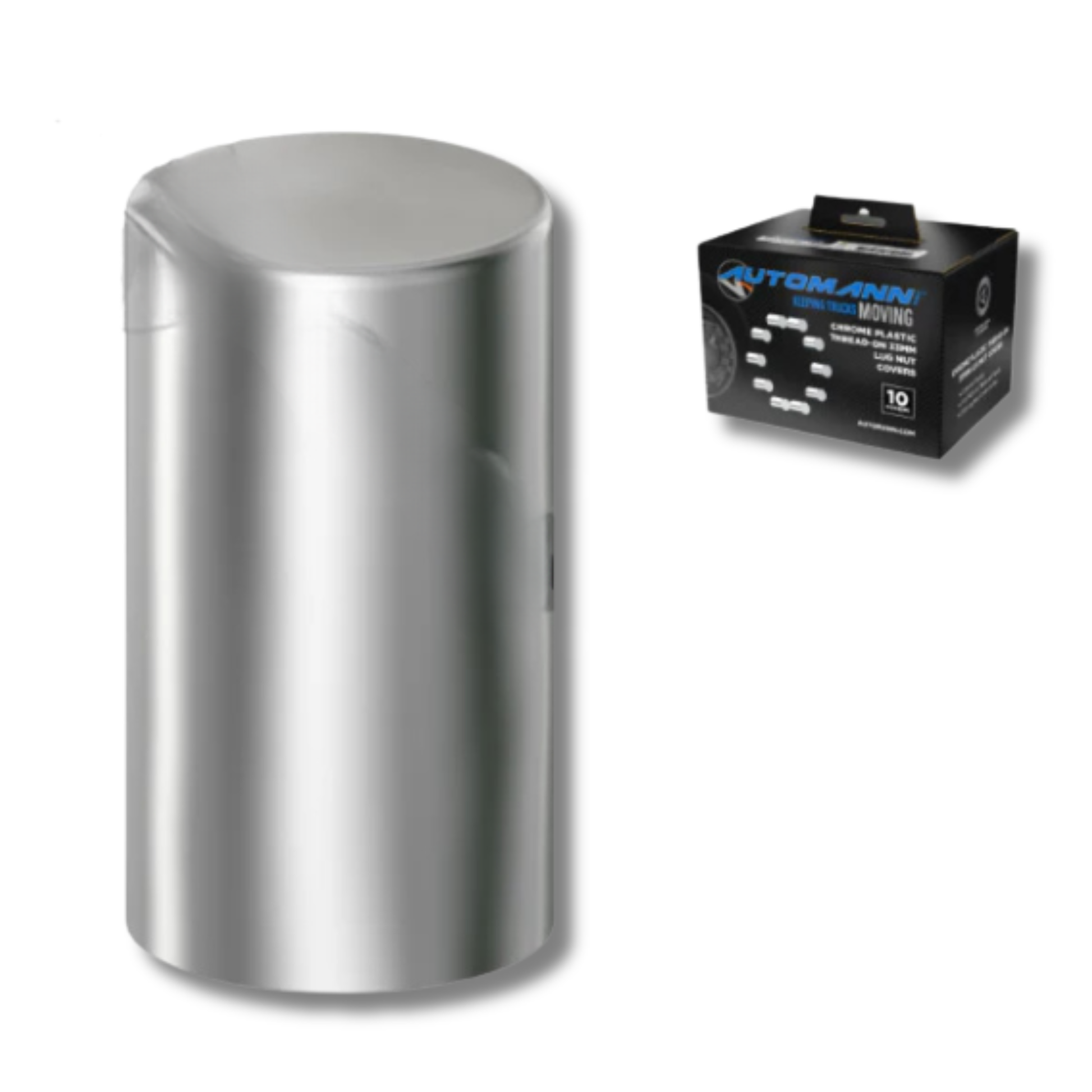 Chrome plastic thread-on lug nut covers M22x1.5, cylinder shape 33mm x 3-1/2in, 20-piece box for semi-truck wheels, protects lug nuts and enhances appearance.