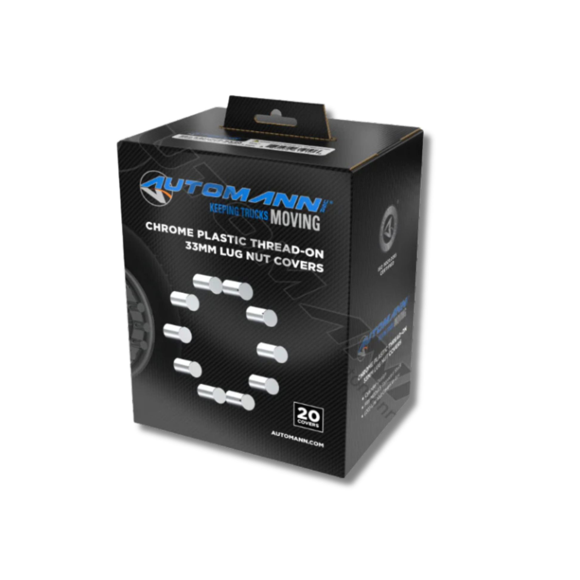 Chrome plastic thread-on lug nut covers M22x1.5, cylinder shape 33mm x 3-1/2in, 20-piece box for semi-truck wheels, protects lug nuts and enhances appearance.