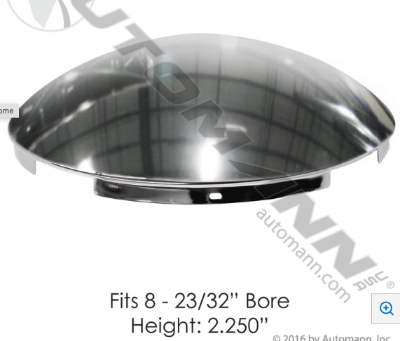 Chrome front hub cap with 4-notch design, 7/16-inch lip, dome style, fits steel wheels on semi-trucks, includes mounting clips.