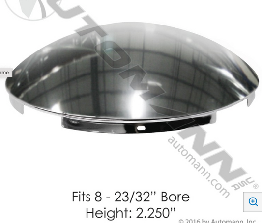 Chrome front hub cap with 4-notch design, 7/16-inch lip, dome style, fits steel wheels on semi-trucks, includes mounting clips.