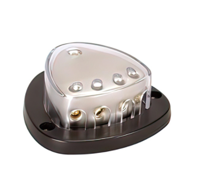 Triangular gold distribution block with 1x 4 AWG input and 4x 8 AWG outputs, black base with clear acrylic cover for stereo systems.