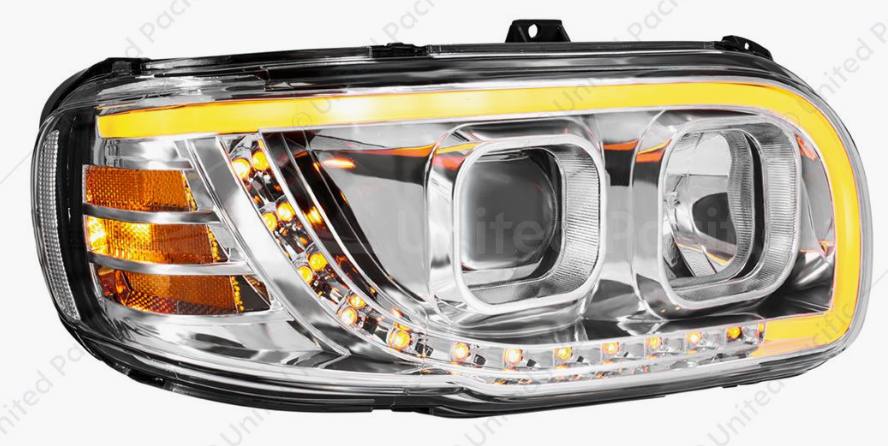 Chrome Projection Headlight With LED Turn Signal & Light Bar For 2008-2024 Peterbilt 389-Passenger - 32917