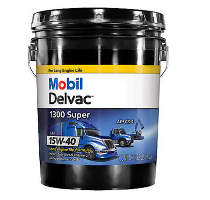 Mobil Delvac 1300 Super 15W-40 synthetic blend diesel engine oil, 5-gallon container, extends engine life, biodiesel compatible, heavy-duty performance.
