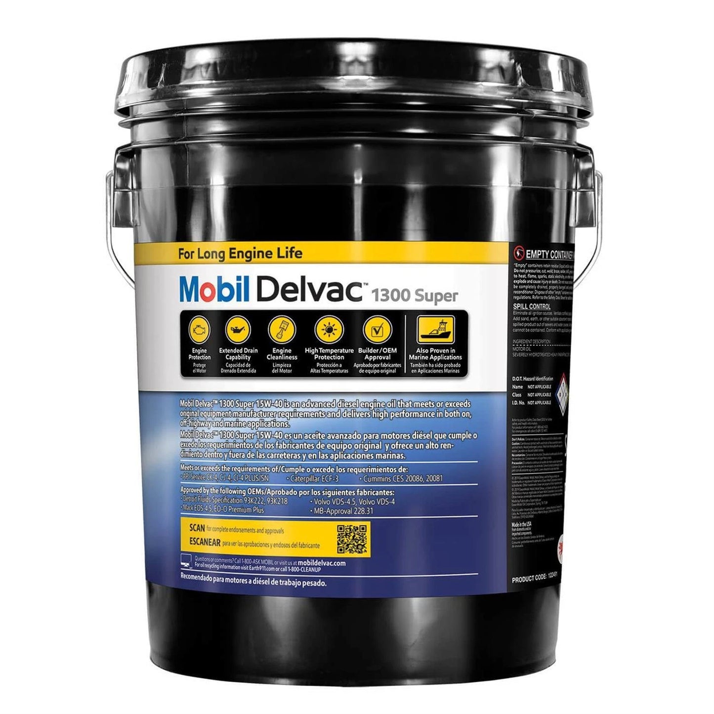 Mobil Delvac 1300 Super 15W-40 synthetic blend diesel engine oil, 5-gallon container, extends engine life, biodiesel compatible, heavy-duty performance.
