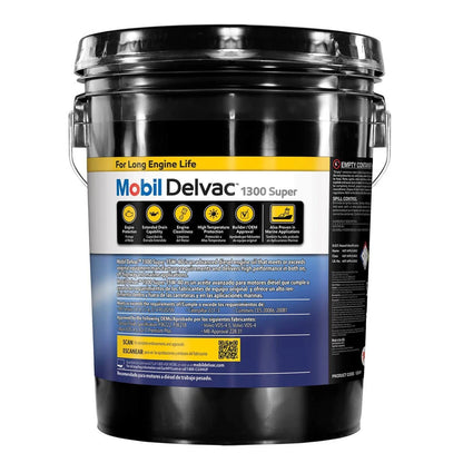 Mobil Delvac 1300 Super 15W-40 synthetic blend diesel engine oil, 5-gallon container, extends engine life, biodiesel compatible, heavy-duty performance.