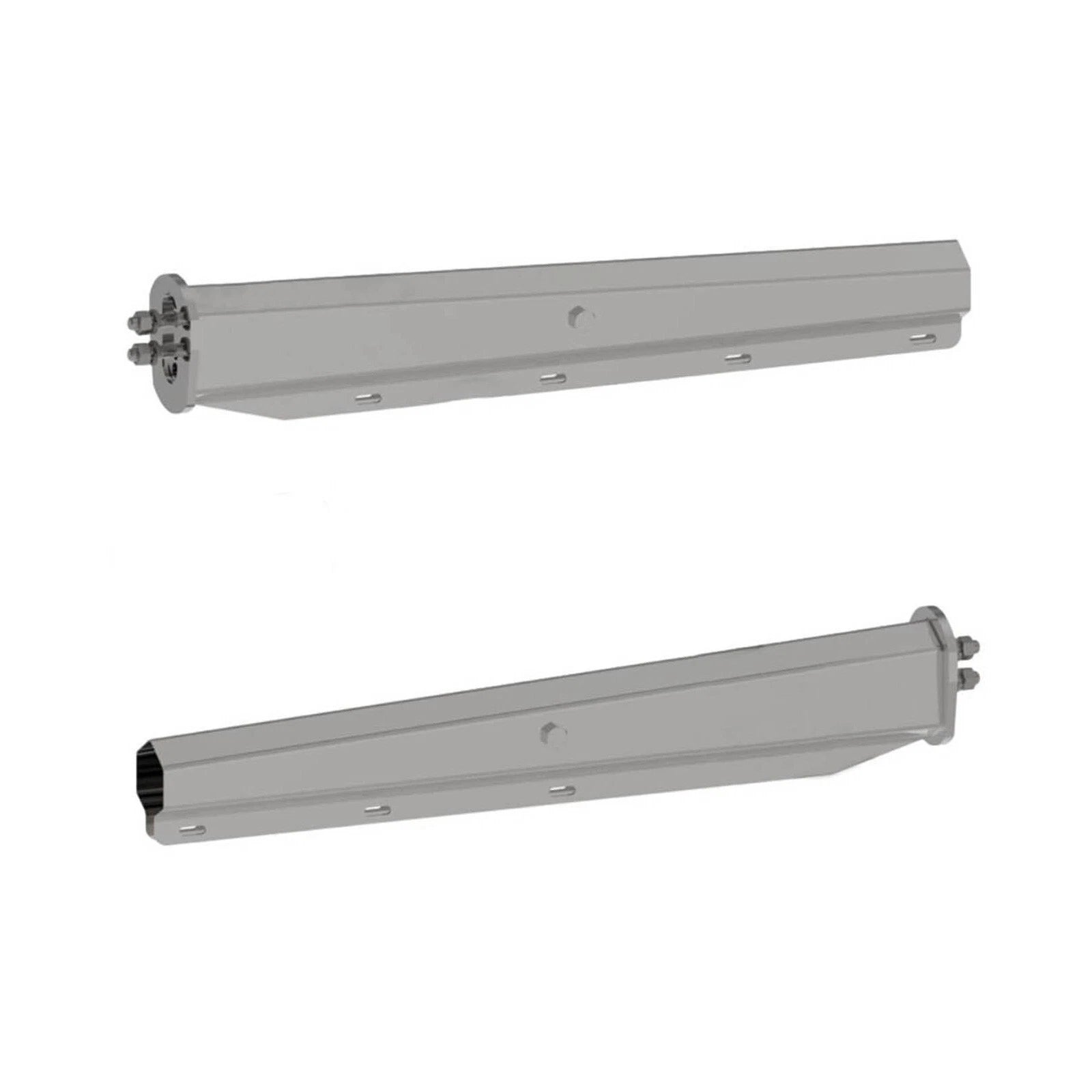 Tapered spring-loaded mud flap hanger made of 201 stainless steel with internal frame seat locator, includes 2 hangers for semi-truck mounting.