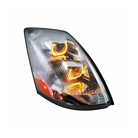 Chrome Projection Headlight w/ Amber LED Light Bar for 2003-2017 Volvo VN/VNL Passenger - 31231