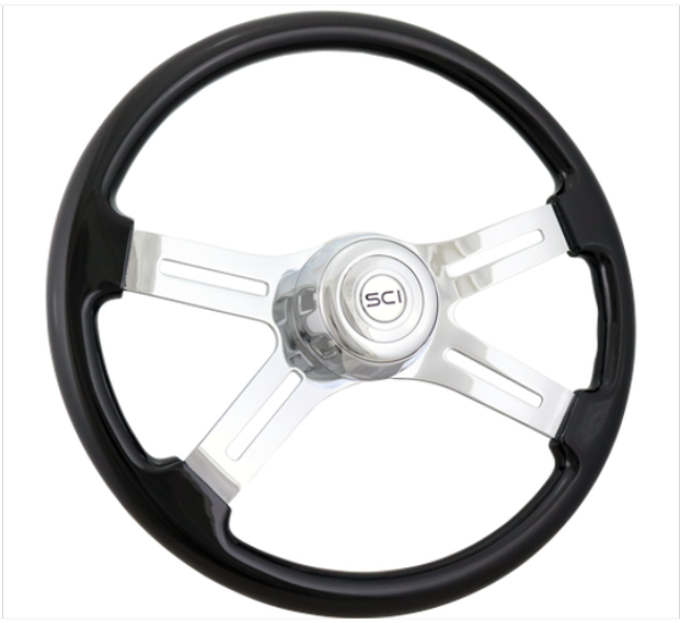 Classic Black 16" Painted Wood Rim Chrome 4 Spoke Steering Wheel -  501-3090-77502