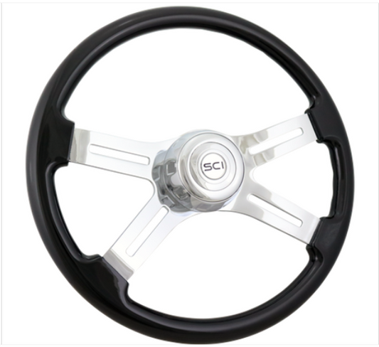 Classic Black 16" Painted Wood Rim Chrome 4 Spoke Steering Wheel -  501-3090-77502