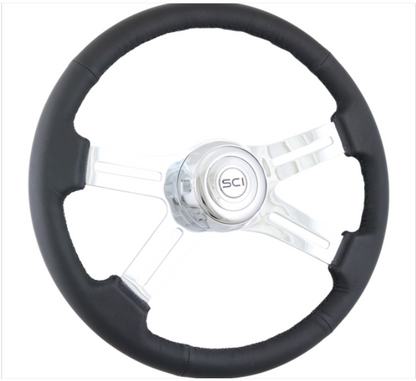 Classic Leather 18" Black Leather Rim Chrome 4 Spoke  -  380-3003-77502