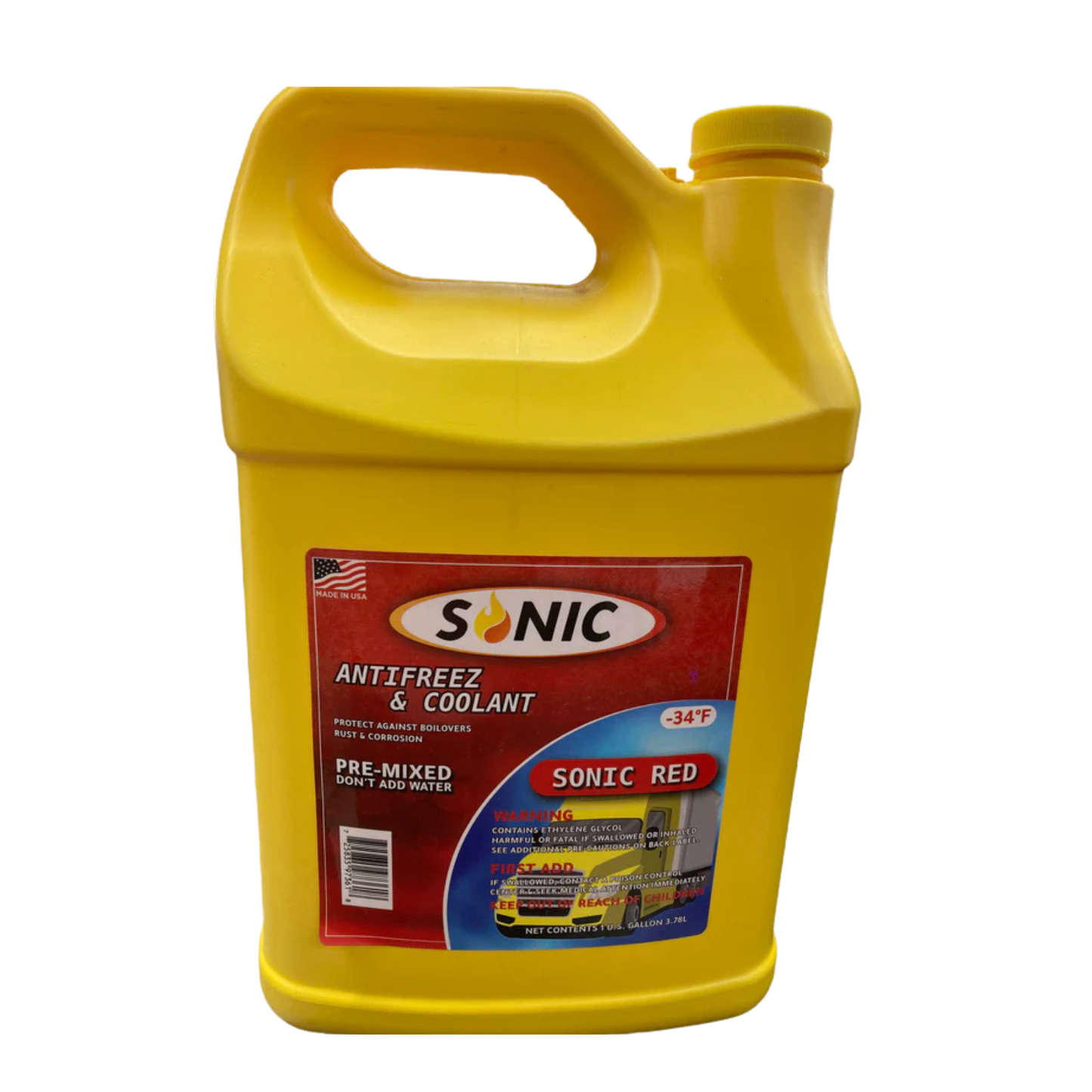 Bottle of Sonic Red pre-mixed antifreeze and coolant with –34°F freeze protection.