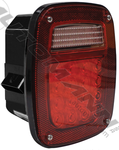 Right-hand LED stop/turn/tail box light with red lens, backup LEDs, and license window, Metri-Pack 2-stud mount.