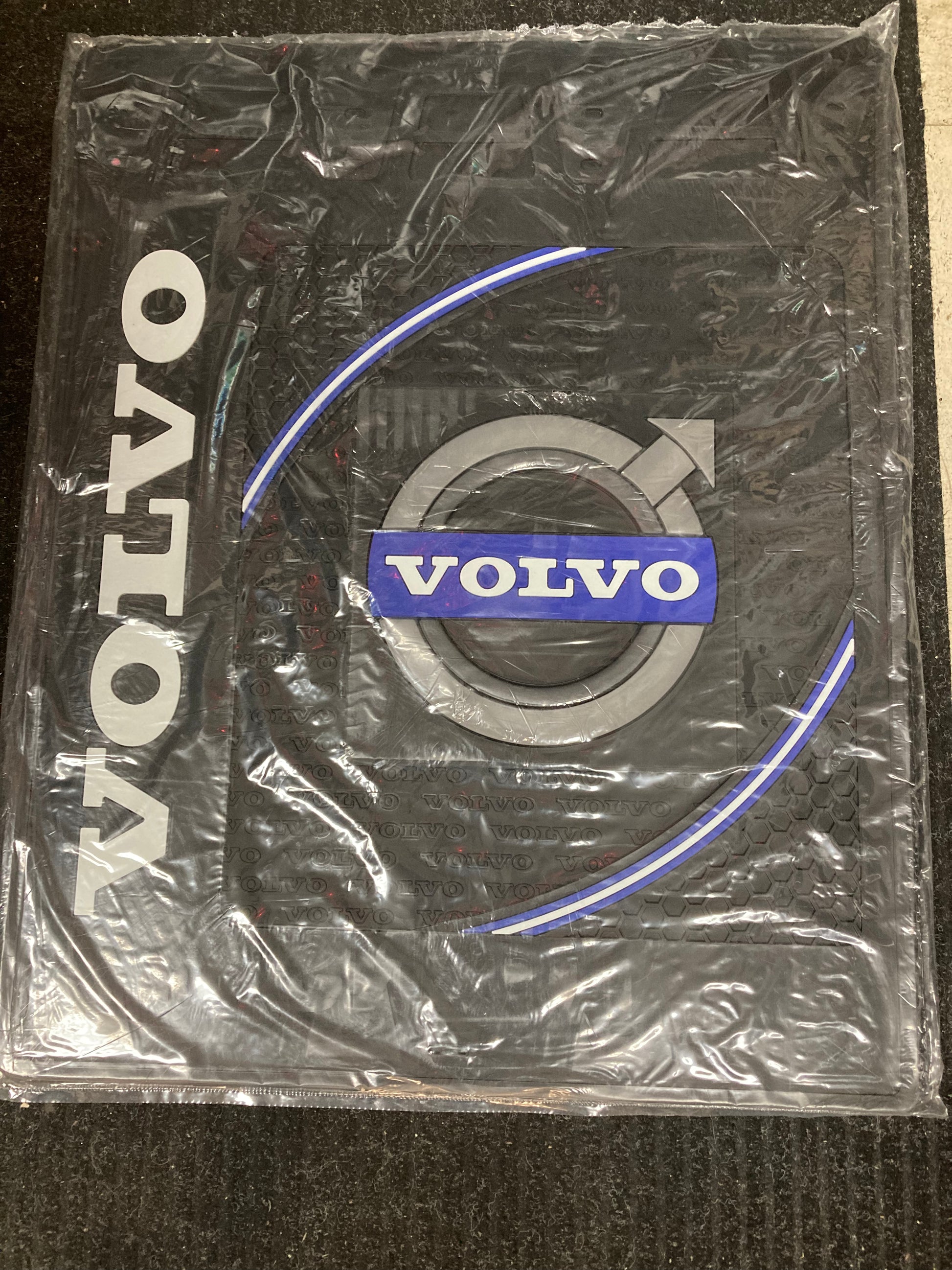 Black 24x30 Volvo mud flap with side logo for heavy-duty trucks