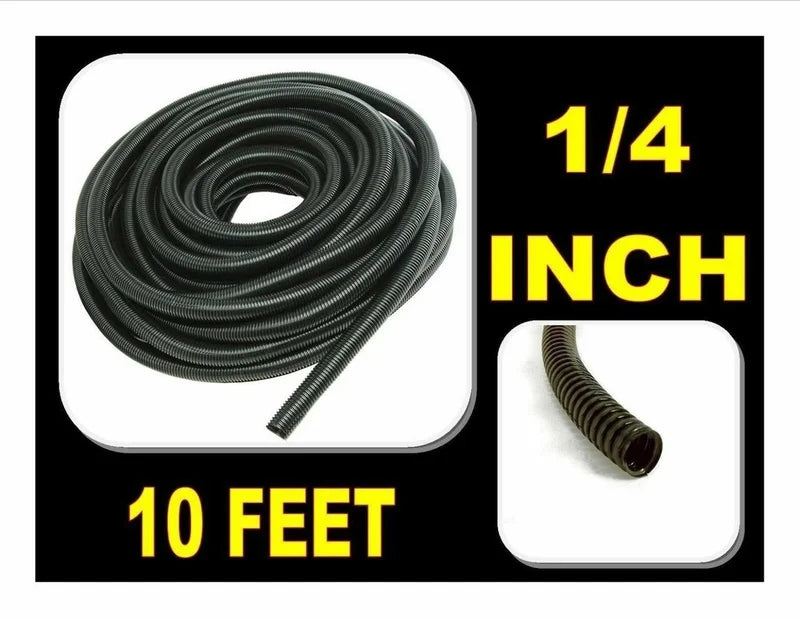 Black 1/4 inch diameter poly split loom tubing, 100-foot roll for wire protection