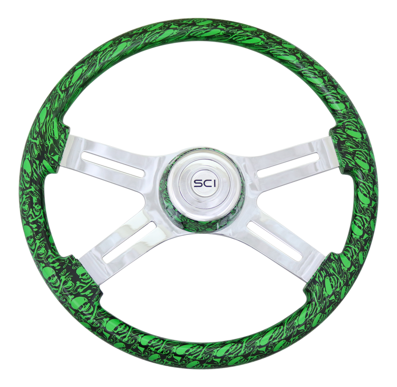 Skull Green 18" Printed Wood Rim Chrome 4 Spoke  -  537-3037-77502