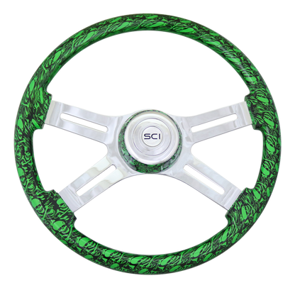Skull Green 18" Printed Wood Rim Chrome 4 Spoke  -  537-3037-77502