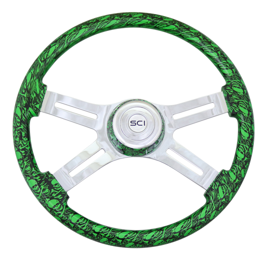 Skull Green 18" Printed Wood Rim Chrome 4 Spoke  -  537-3037-77502
