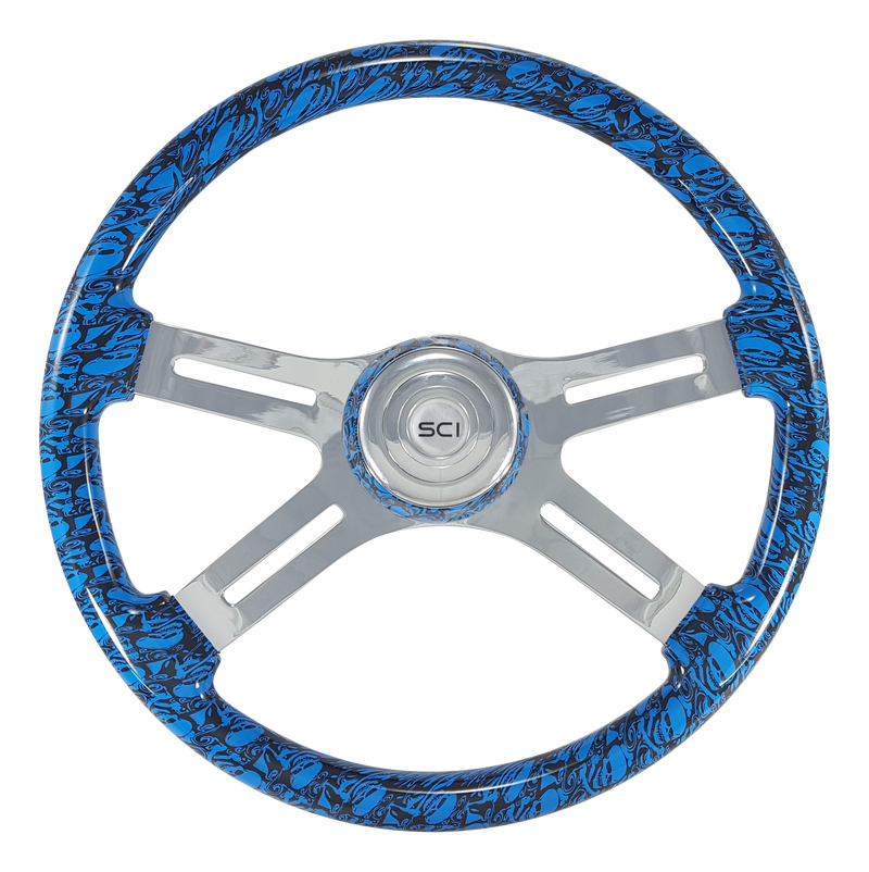 Skull Blue 18" Steering Wheel with Chromed 4 Spoke - 539-3039-77502