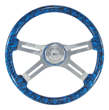 Skull Blue 18" Steering Wheel with Chromed 4 Spoke - 539-3039-77502