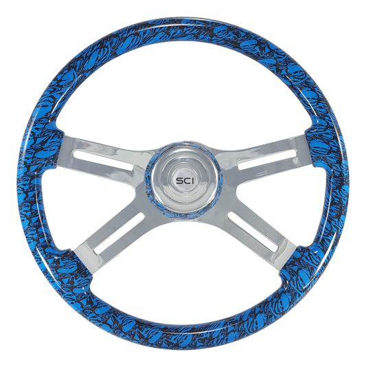 Skull Blue 18" Steering Wheel with Chromed 4 Spoke - 539-3039-77502